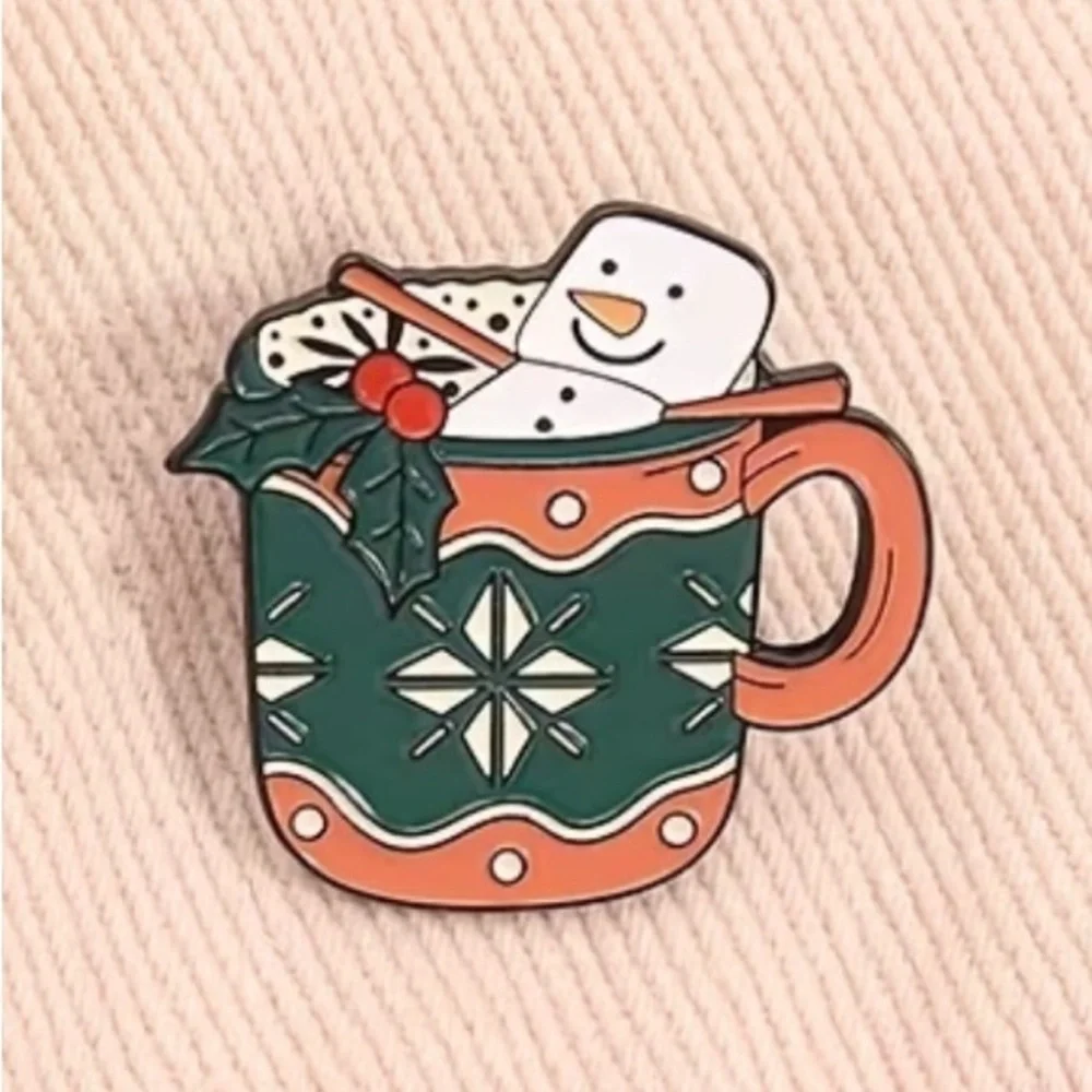 3/$25 Festive Holiday Mug Enamel Pin Hot CoCo with Snowman Marshmallow